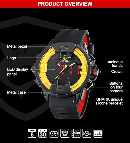SHARK hombre Cuarzo relojes de pulseras silicona LED fecha día 24 ...
