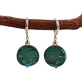 Natural Malachite Drop Earrings – Round Green Gemstone Dangle Earrings for Women – Handmade Leverback Statement Jewelry – Boho Crystal Earrings Gift – Silver Plated