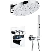 Lefton Shower System in Fahrenheit Display (Battery-free), 13&rdquo; Overhead Round Rainfall Shower Head with All-in-one Handheld Spray Showerhead, 4-in-1 Control System, SSWM2501 (Chrome)