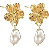 Boho Flower Pearl Earring for Women Gold Floral Pearl Statement Dangle Earrings Dainty Flower Pearl Memorial Drop Earrings Sparkly Floral Pearl Dangle Drop Earrings Holiday Prom Costume Jewelry Accessories