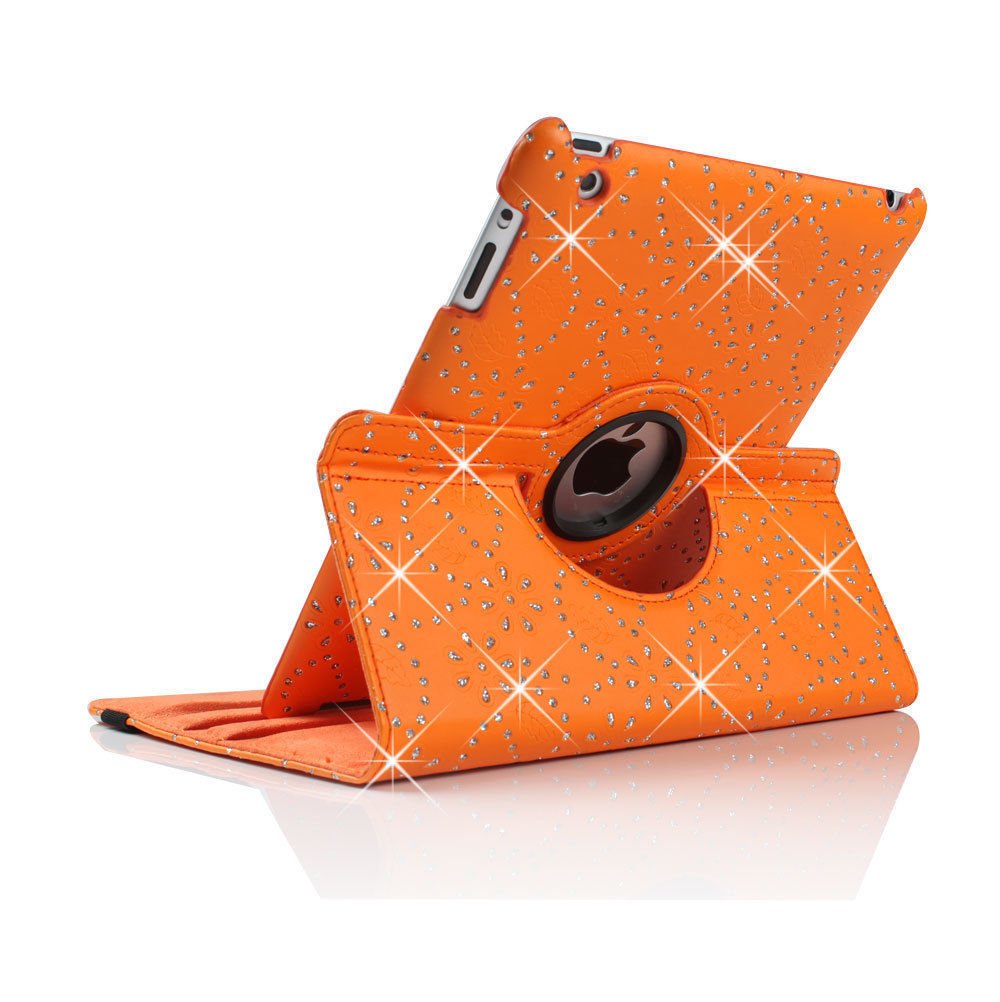 Ayrah New Apple iPad 5th Generation 9.7" (2017) (2018) Models A1822 (Wi-Fi) & A1823 (Wi-Fi + Cellular) Case, 360 Rotating Degree Rotating Leather Wallet Smart Stand Case Cover … (Orange Bling)