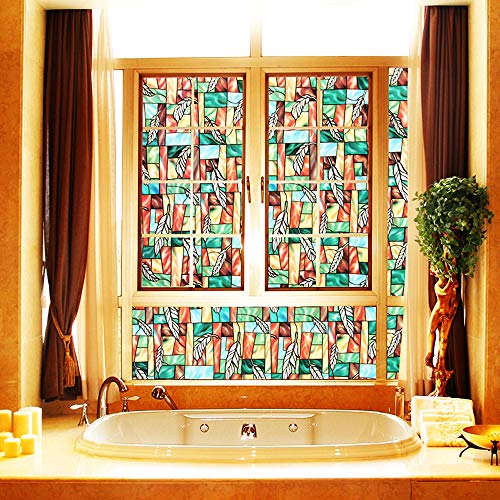 Bloss Vinyl Static Cling Privacy Leaf Stained Glass Decorative Window Film 17.7 Inches by 78.7 Inches
