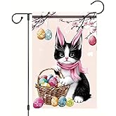 Tomhong Easter Cat Garden Flag 12x18 Inch Double Sided Outdoor Yard Banner with Bunny EarsKitten and Easter Eggs Spring Basket Design for Patio Lawn Porch Holiday Decoration Decor