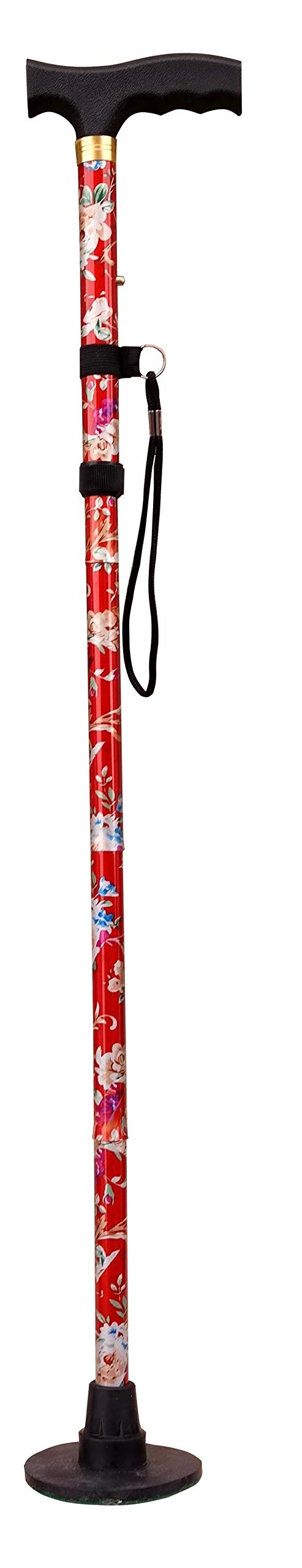 Acclaim Bowlers Adjustable 33”-37” Lawn Bowls Plain Lightweight Alloy Folding Four Piece Floral Metal Walking Stick & Green Protector With Synthetic Green Felt Base (Red Floral)