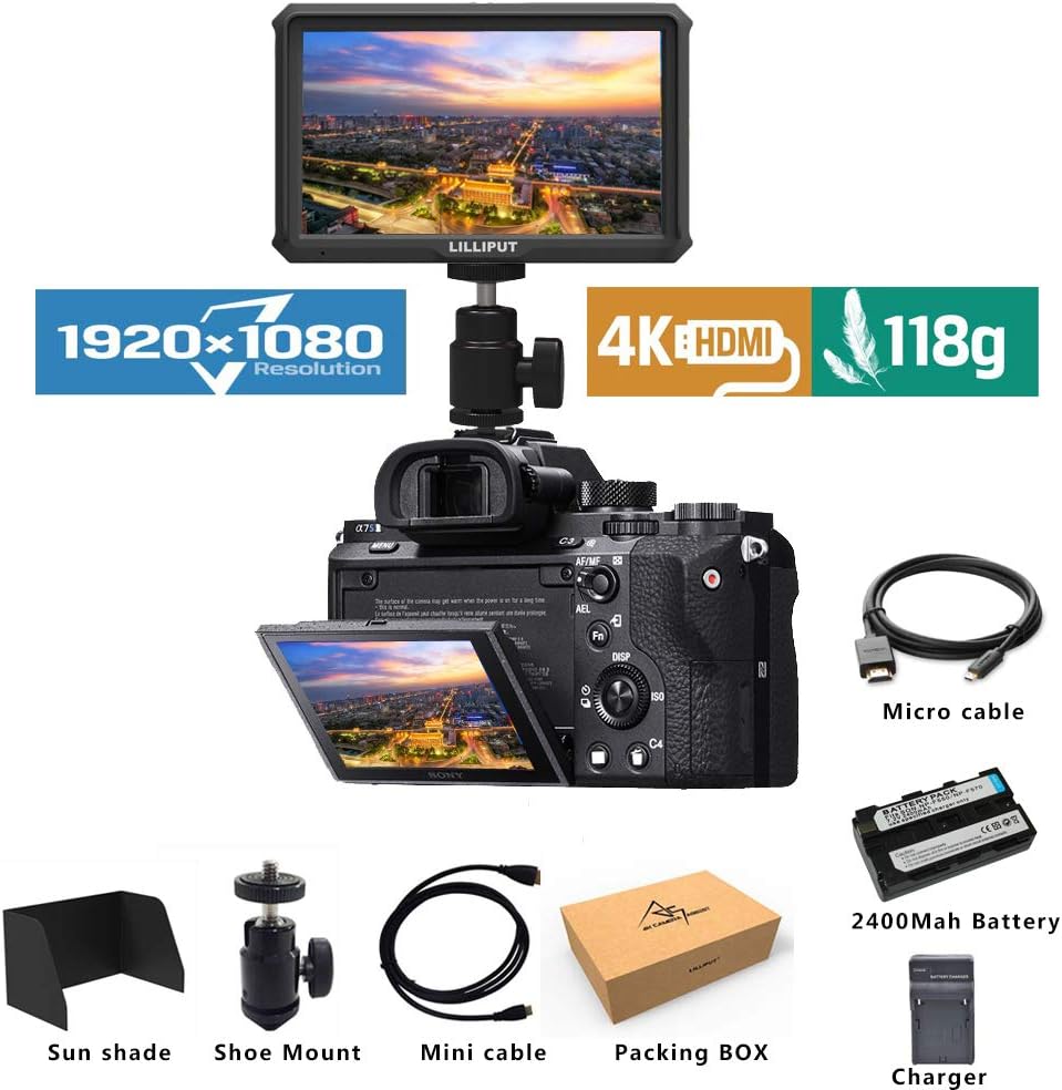 Lilliput A5 Lightweight 5 inch 1920x1080 HD 441ppi IPS Screen Camera Field Monitor 4K HDMI Input output with Battery and charge