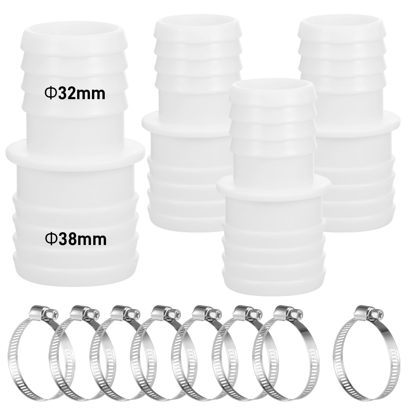 Zocipro 4Pcs Pool Hose Connector Ø 32 to 38 mm with 8 Metal Clamps, Universal Washing Machine Waste Pipe Connector, Pool Hose Adapter for Washing Machine, Pool Vacuum Cleaners