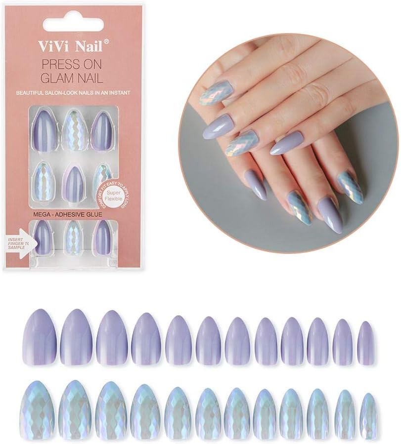 Press-on False Nail Art Kit - 24pcs Stiletto Fake Nails with Mini Nails File & Nail Adhesive Tabs (Haze Purple)