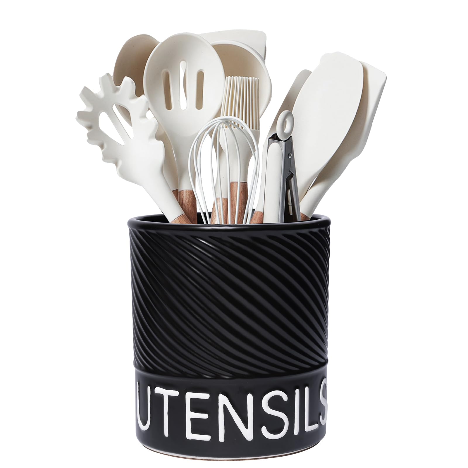 Karisky Utensil Holder for Kitchen Counter, 6.5" Large Ceramic Utensil Crock with Cork Mat, Modern Cooking Tool Spatula Organizer for Countertop Decor, Matte Black