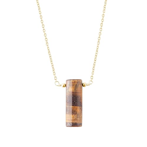 Tiger Eye Necklace, Healing Crystal Pipe Gemstone Pendant Necklaces, Natural Spiritual Reiki Stone Jewelry for Women emstone Size 30x8 mm Approx (Gold-Plating)