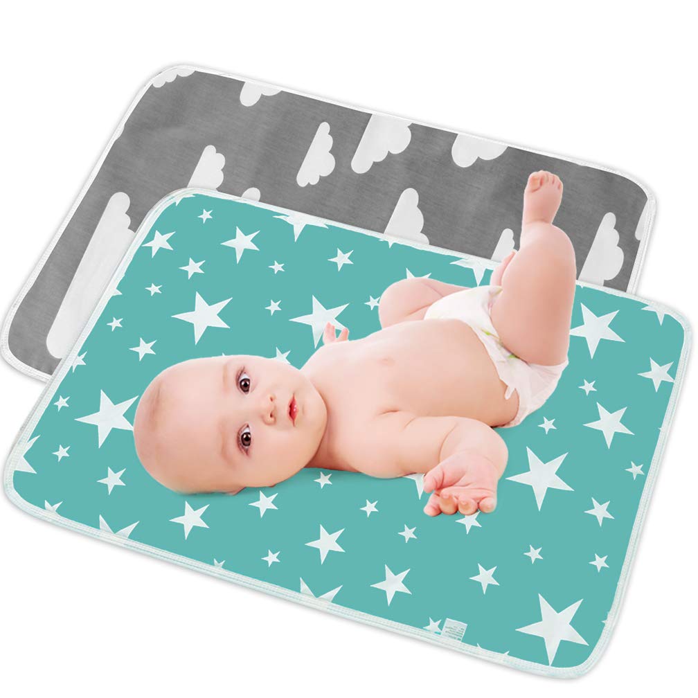 SACONELL 2 Pack Baby Waterproof Changing Mat,19.6'' X 27.5'' Portable Nappy Change Mat Unisex Infant Diapering Sheet Protector Cotton Absorbent Sheet Bed Pads (Grey/Green)