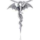Xusamss Punk Rock Titanium Steel Sword Pendant Wings Dragon Necklace with 24inches Chain