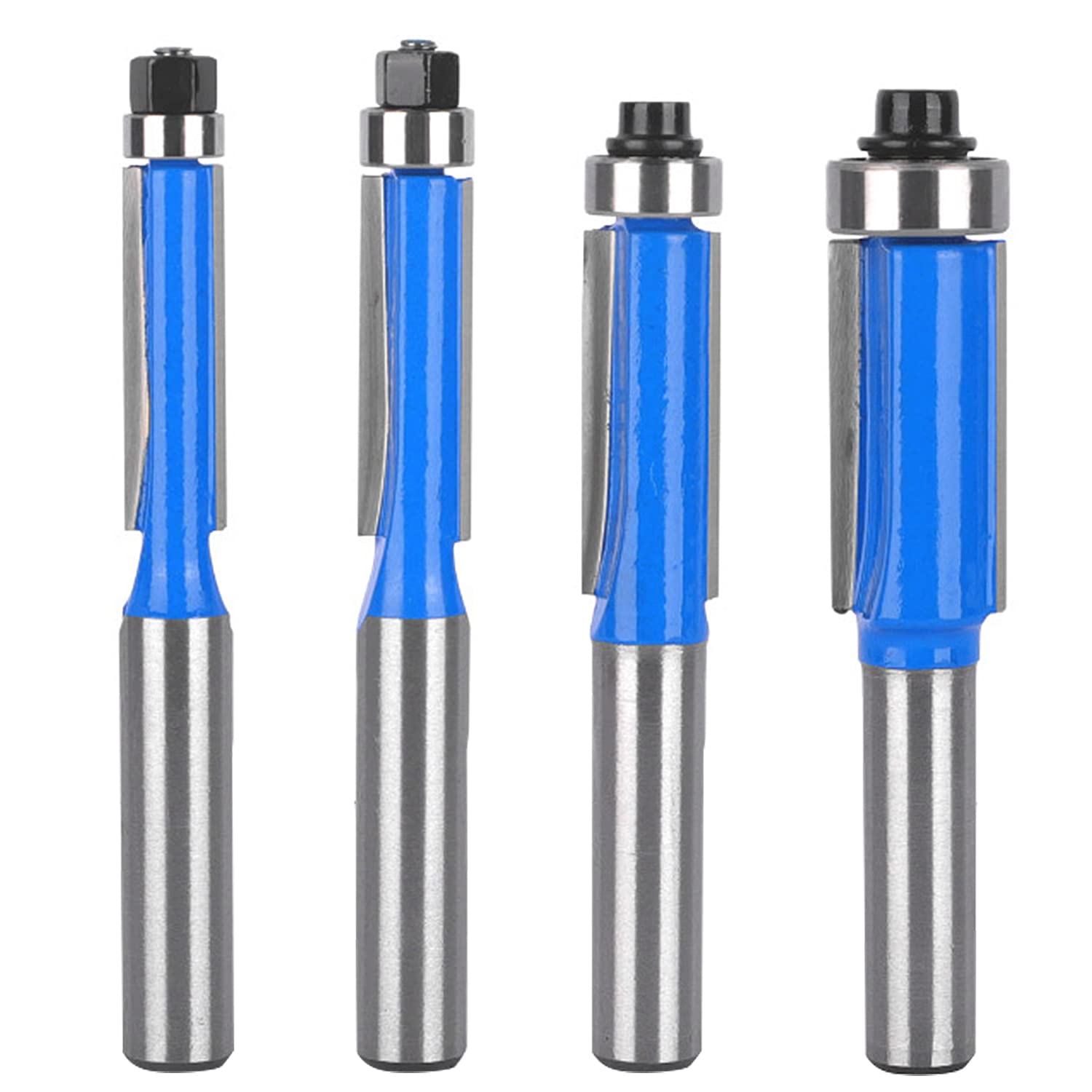 Choonjin 4-Piece Flush Cutter Set, Double-Sided with Bearings, Blue, 8 mm Shank, for Woodworking Tools, Flush-Trim Cut, Carbon Steel