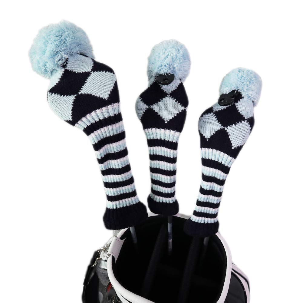 ANNIU Golf Club Covers Set of 3 Knit Covers Driver Wood(460cc) Fairway Wood2 and Hybrid(UT) Golf Head Covers Fit for All Golf Brands (Blue Black)