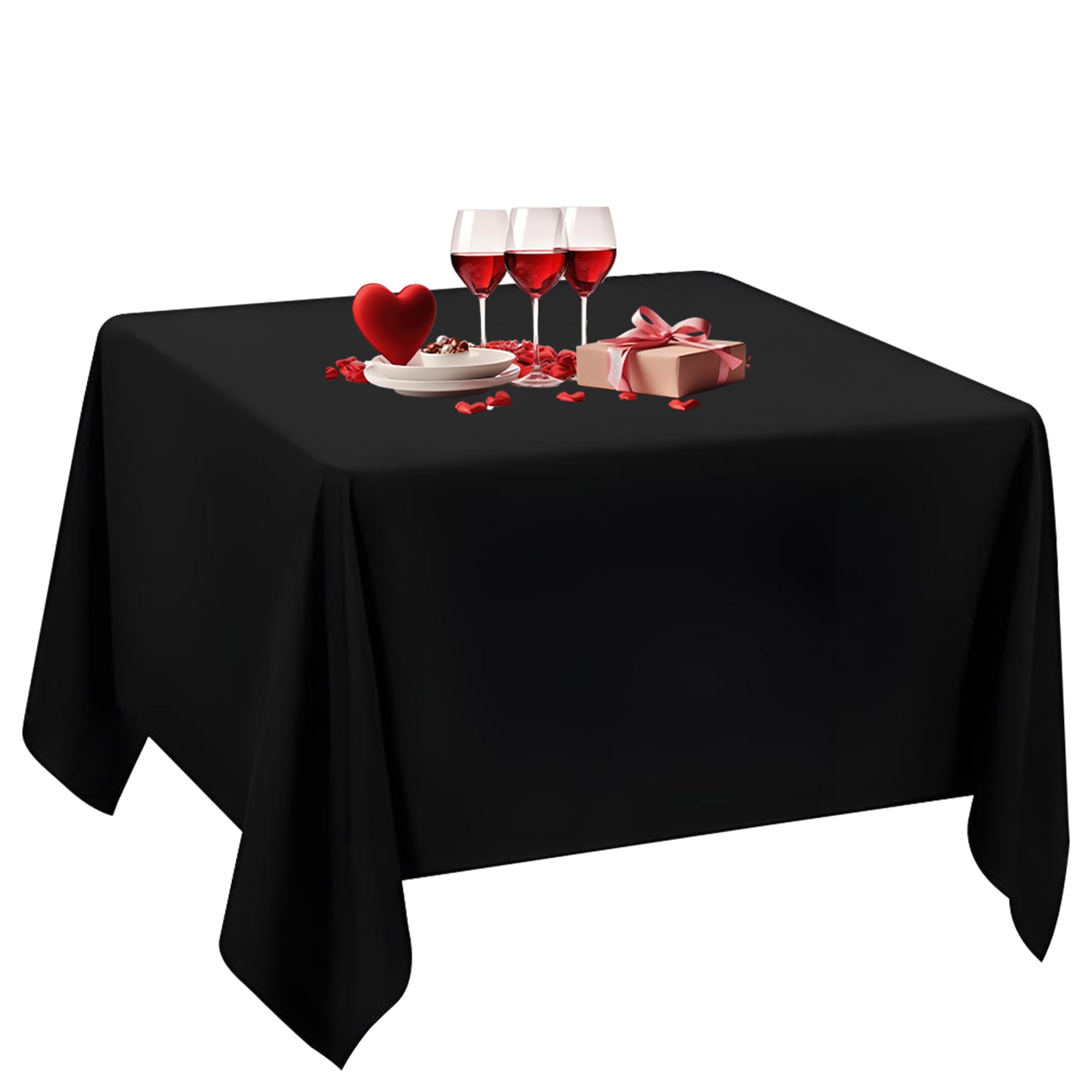 Trimming Shop 54" x 54" Square Tablecloth Polyester Table Cover Protector Premium Linen Table Cover for Holiday Dinner, Wedding, Birthday, Banquet Party Decoration, Black, 1pc