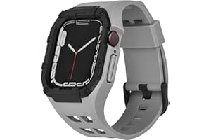 Nereides Compatible with Apple Watch Band 45mm 44mm, for iWatch Band Series 9/8/7/6/5/4/SE/SE2, Rugged Heavy Duty Case with Strap, Shockproof PC Frame Bumper Case for Men (Grey)