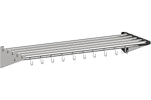 KIETLER 12" x 36" NSF Certified Stainless Steel Wall Mount Shelf, Metal Kitchen Rack with 10 S Hooks for Convenient Storage and Organization of Pots, Pans, and cookware