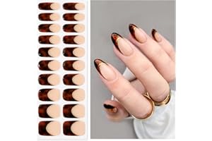 Oauee Semi Cured Gel Nail Strips | Built-In Gel Top Coat | UV Light Required | Salon Quality, Easy Application And Removal (Leopard Goldtrim French)