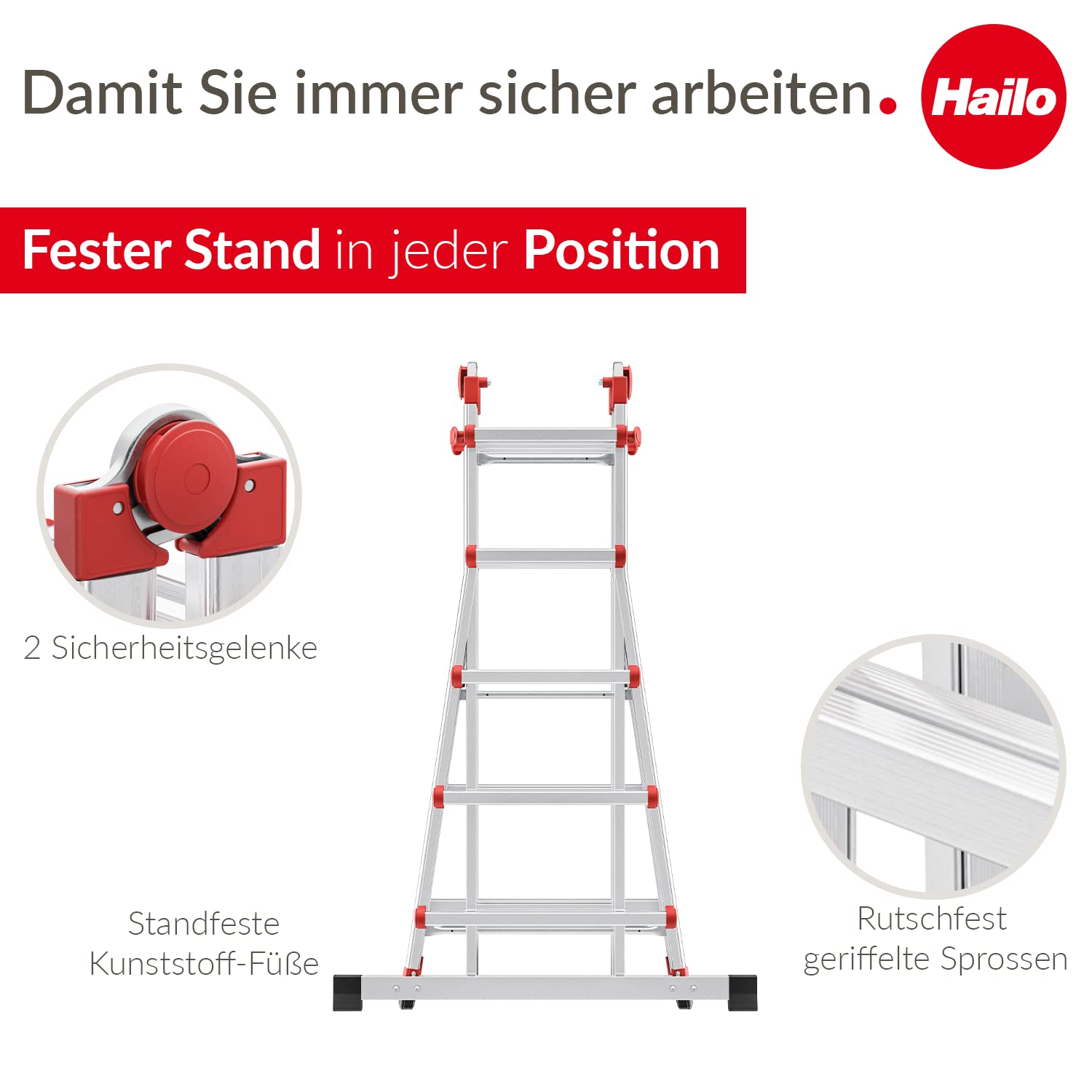 Hailo M80 Alu-Multifunktionsleiter - Schiebeleiter 4 x 5 Sprossen belastbar bis 150 kg - Sicherheitsgelenke und Rastgriffe - sprossenweise höhenverstellbar - Mehrzweckleiter rostfrei - Silber 4