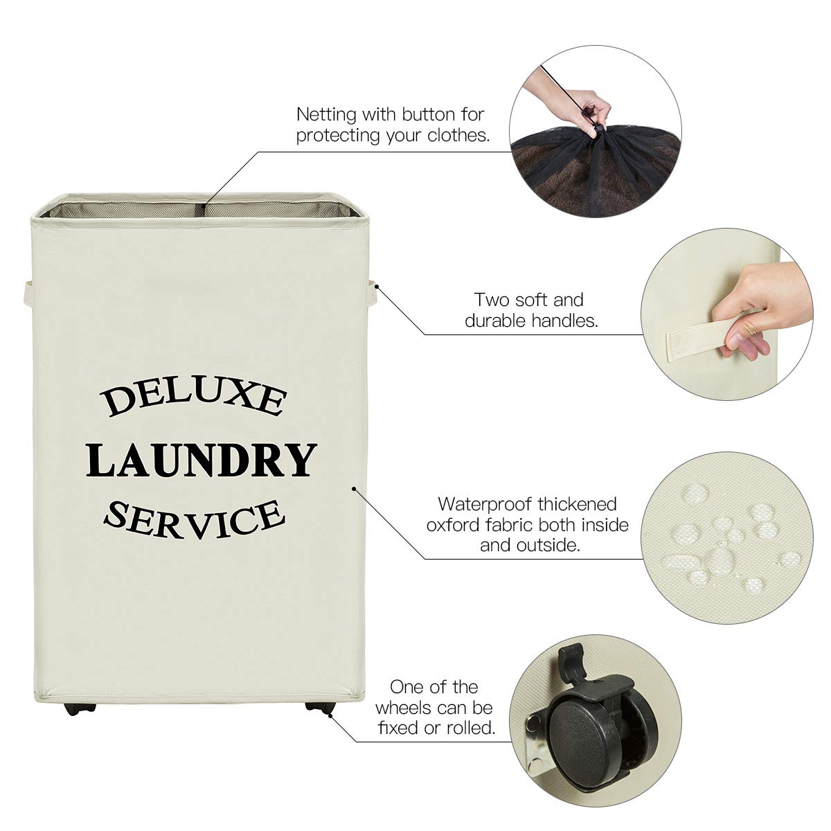 WISHPOOL Large Rolling Laundry Basket with Wheels Laundry Hamper for Laundry Collapsible Clothes Bag Basket Stand Square Laundry Cart Storage Bin (Beige)
