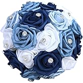 IUTZCAXU Dusty Blue Ivory Artificial PE Rose Bridal Bouquet Suit for Bride Bridesmaids with Rhinestone Embellishments for Weddings Proposals