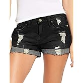 Ladybranch Women's Casual Denim Shorts Summer Mid Waist Stretchy Raw Frayed Folded Hem Jeans