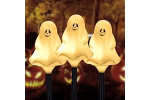 COVBOARD Halloween Decorations Outdoor Solar Pathway Lights, Halloween Ghost Led Stake Lights with 2 Lighting Modes & Waterproof, Suitable for Halloween Party Outdoor Yard Decor (Warm White, 3-in-1 Pack)