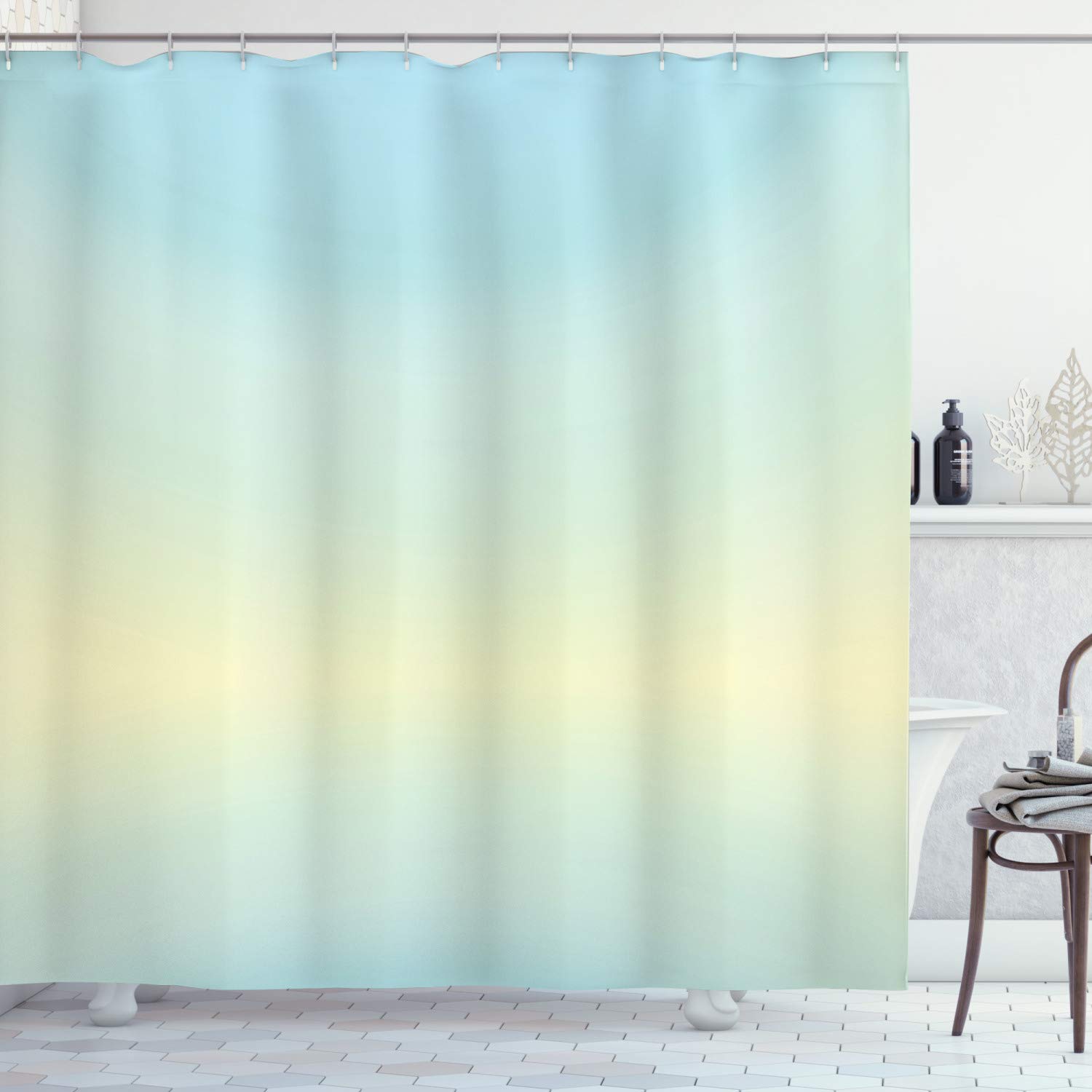 ABAKUHAUS Teal Shower Curtain, Defocused Abstract Design in the Center Blurred Color Elements Sky Blue Like Artwork, Cloth Fabric Bathroom Decor Set with Hooks, 175 x 220 cm, Baby Blue