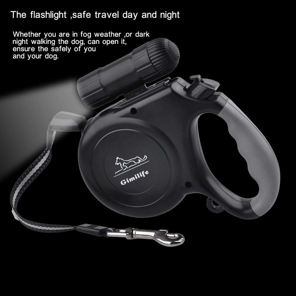 Gimilife 16ft Retractable Dog Leash with Detachable Flashlight LED Torch For Small Medium Large Pets- ABS Nylon TPE (Black)