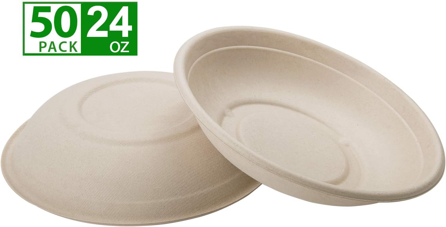 ZenCo Bagasse Eco Bowl - 50 Pack 24oz (3 Cups) Medium Beige Disposable Natural Sugarcane Heat Resistant Eco Friendly Paper Alternative Bowls (50 Count, 24oz)