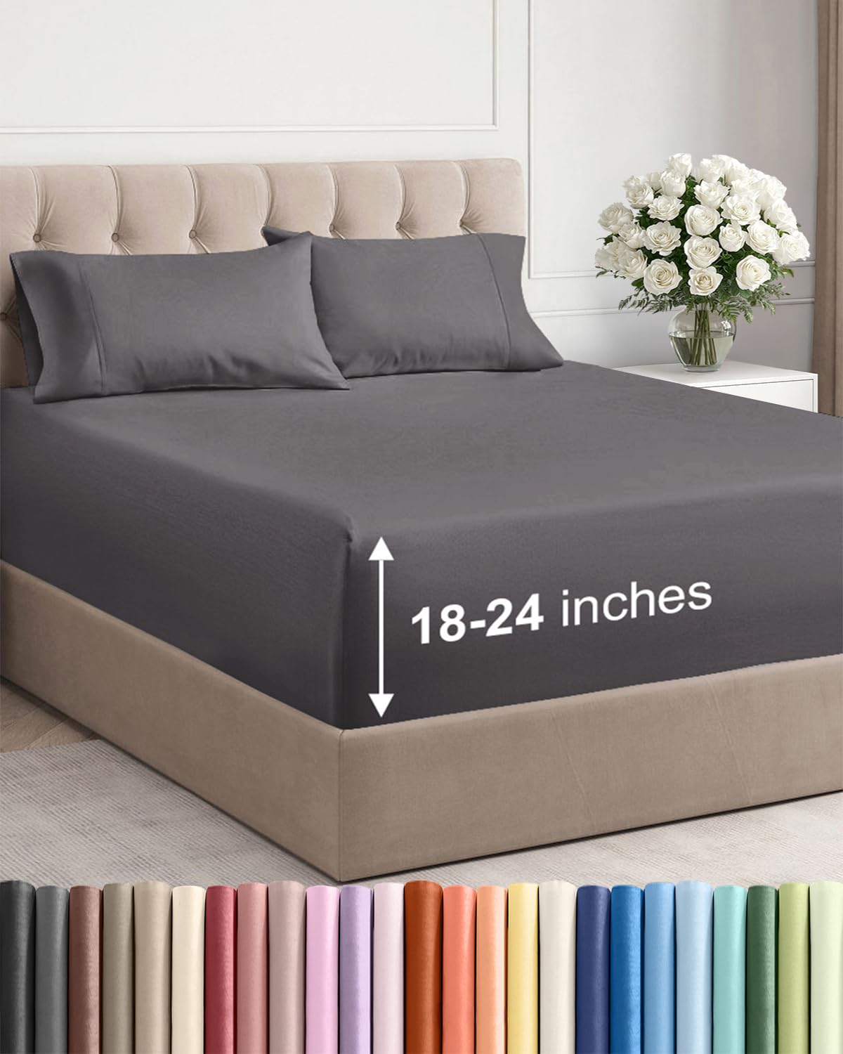 Extra Deep Queen Sheet Set - 4 Piece Breathable Cooling Sheets - Dark Grey