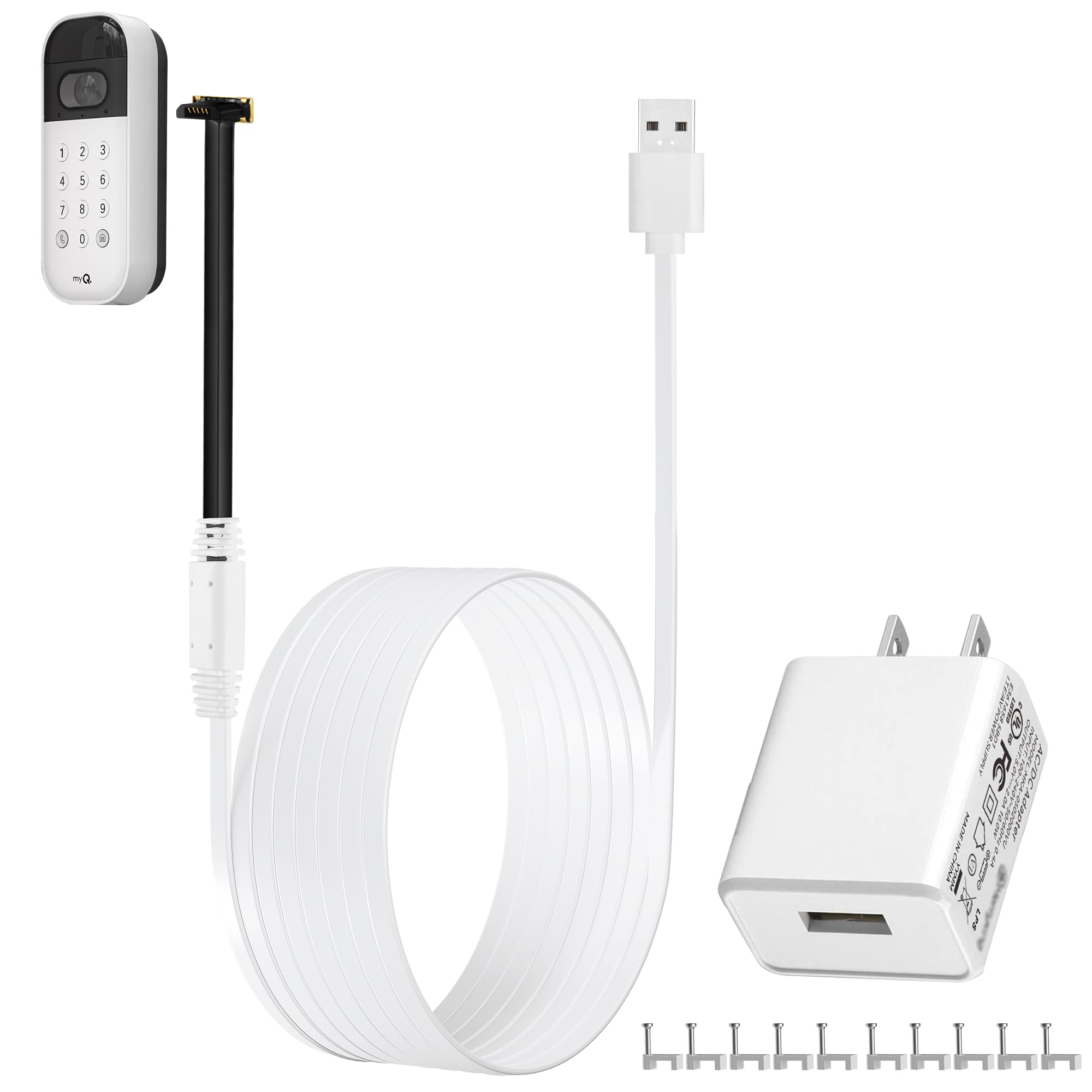 Photo 1 of 10ft/3m Power Cable and Adapter for myQ Smart Garage Door Video Keypad, Weatherproof Outdoor Flat Charging Cable Continuously Charging Your Video Keypad, Includes White Mounting Nails