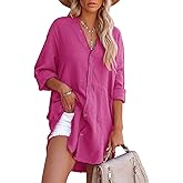 siliteelon Women's Button Down Tunic with Pockets Cotton Gauze Button Up Shirt Dress V Neck Long Sleeve Frayed Blouse Tops