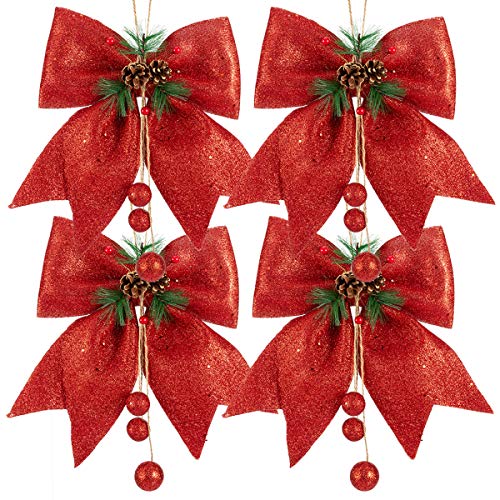 Alphatool 4pcs Red Christmas Decorative Bows with Pinecone for Wreath Garland Treetopper Christmas Tree Gifts Party Home Indoor or Outdoor Holiday Decorations (Red, 10W12L) - Thumbnail 7