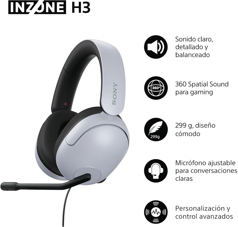 INZONE H3 - Auriculares para gaming, sonido espacial 360 para gaming, micrófono boom, para PC/PlayStation5, color blanco