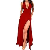 GOKATOSAU Women's Sexy Sleeveless Halter V Neck Ruched Waist Tie Back Side Split Long Maxi Dress