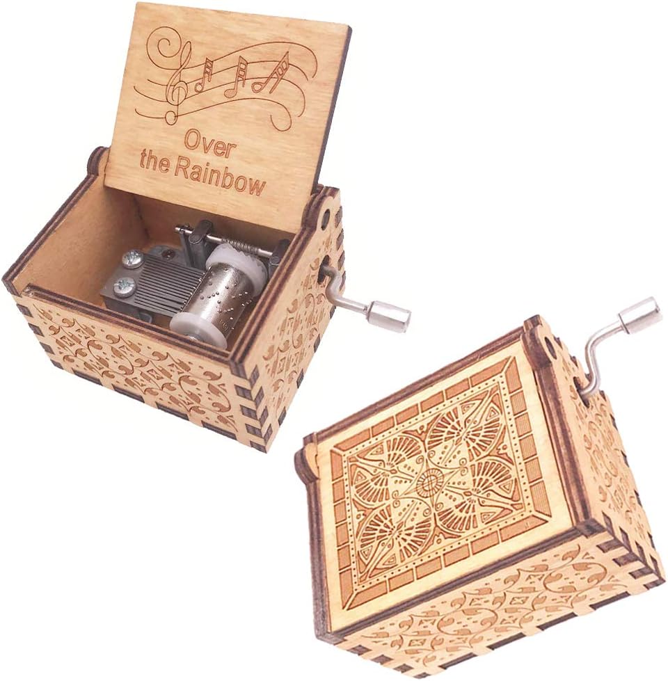 18 Notes Wooden Engraved Somewhere Over The Rainbow Music Box,Antique