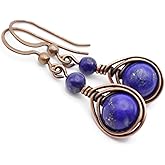 Pillar of Salt Studio Handcrafted Solid Copper Earrings with Lapis Lazuli Gemstone (Antiqued Copper, 1" drop)