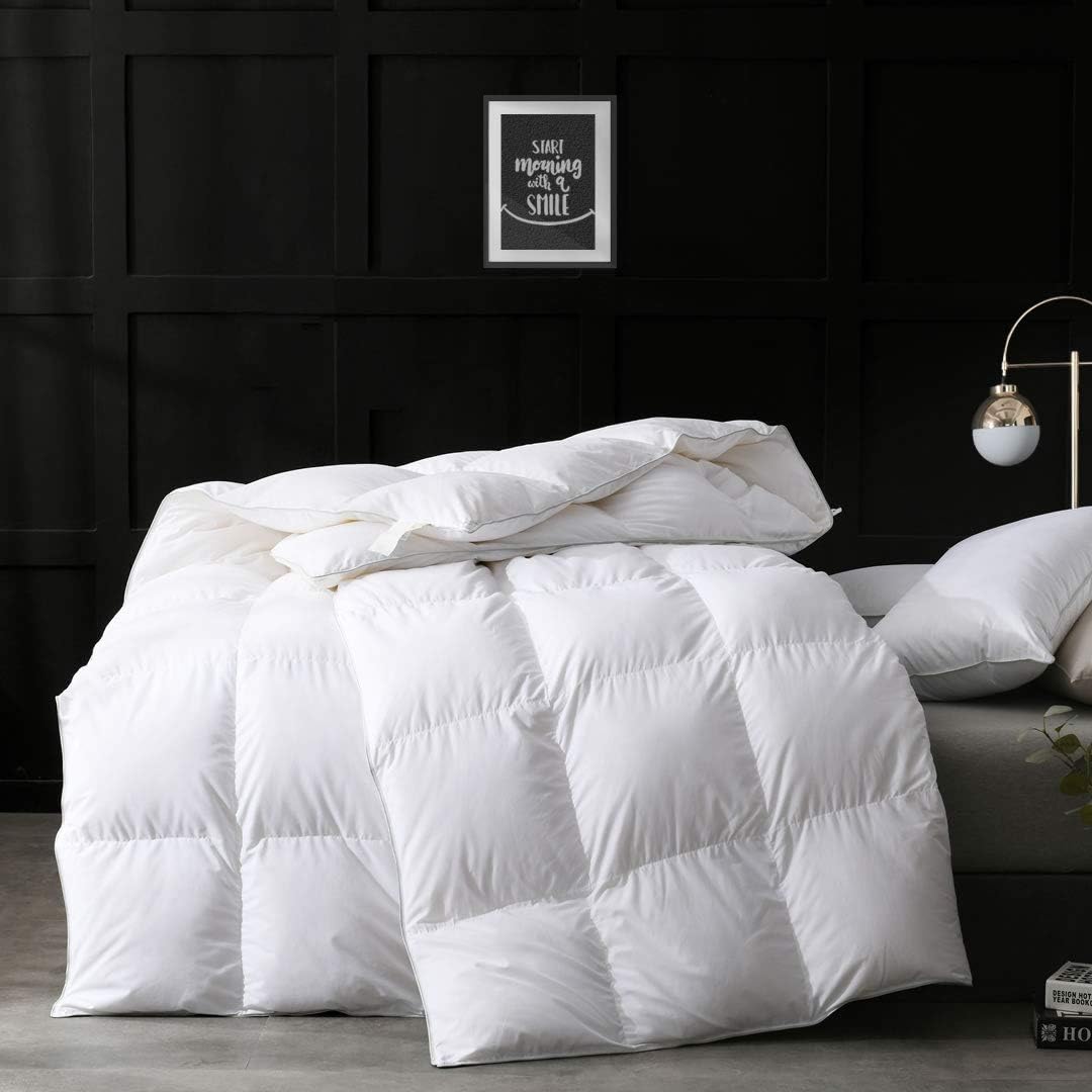Photo 1 of APSMILE Down Feather Fibers Comforter Oversized King Size, Hotel Collection Fluffy Duvet Insert for All-Seasons, Ultra-Soft Medium Warmth Baffle Box Quilted Comforter (120x98 Inches, White)
