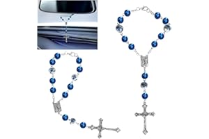 SMILFUY 2PCS Car Rosary for Rearview Mirror, Blue Ceramic Beads Pendant Car Interior Rear View Mirror Charm Auto Decor, Medal and Cross Hanging Accessories for Women Men
