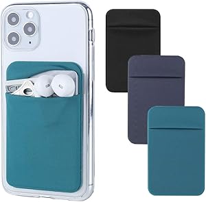 3 Pack Phone Card Holder Stretchy Lycra Stick on Wallet Pocket Credit Card ID Case Pouch Sleeve 3M Adhesive Sticker for Back of iPhone Samsung Galaxy Android Smartphones-Dark Green/Blue Gray/Black