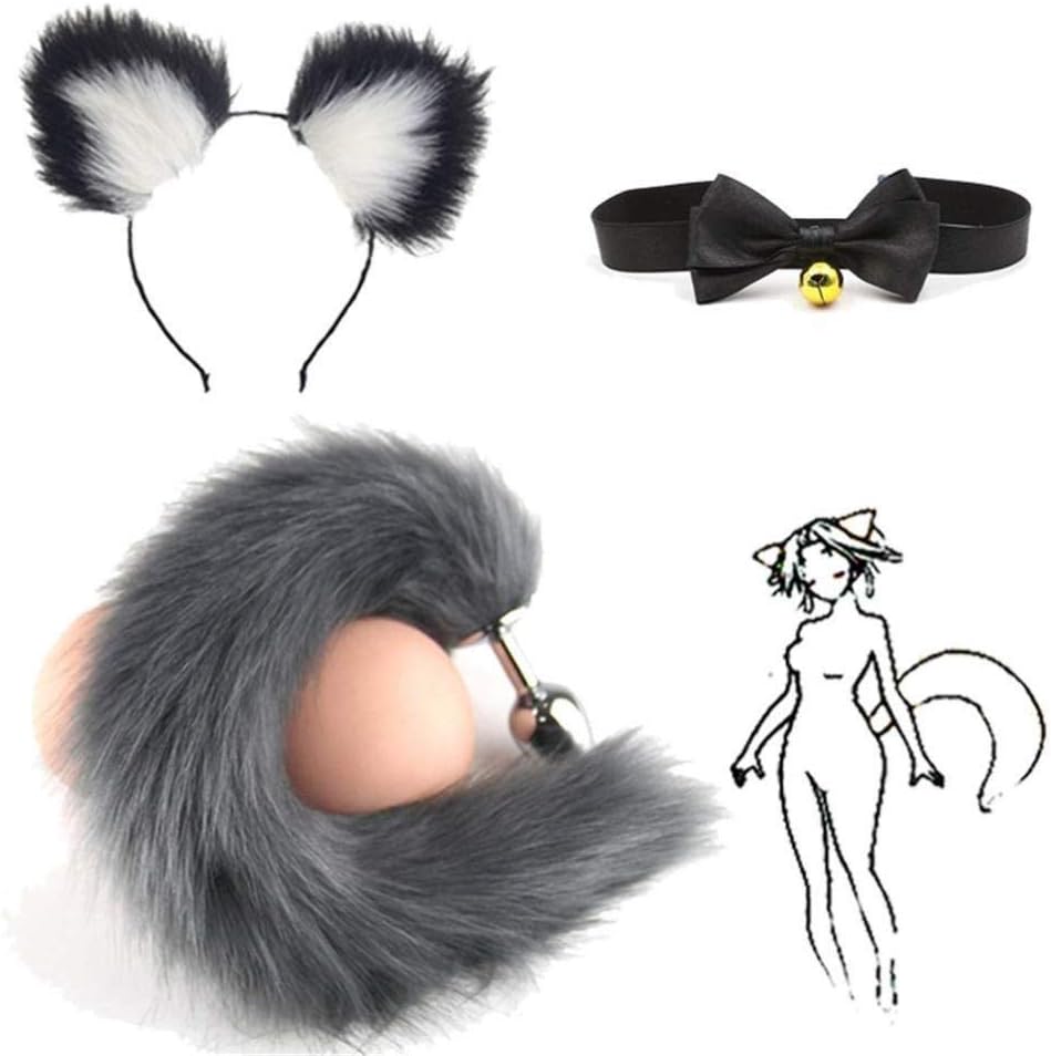 Cos- Ring Collar, Grey Fluffy B-ütt P-l-ǔ-g Fox Tail Plush and Multicolor Cat Ears Anime Set For Women Glamour Female Masquerade Props 3pcs Set Cosplay Costume Props ( Color : Black+White , Size : L )