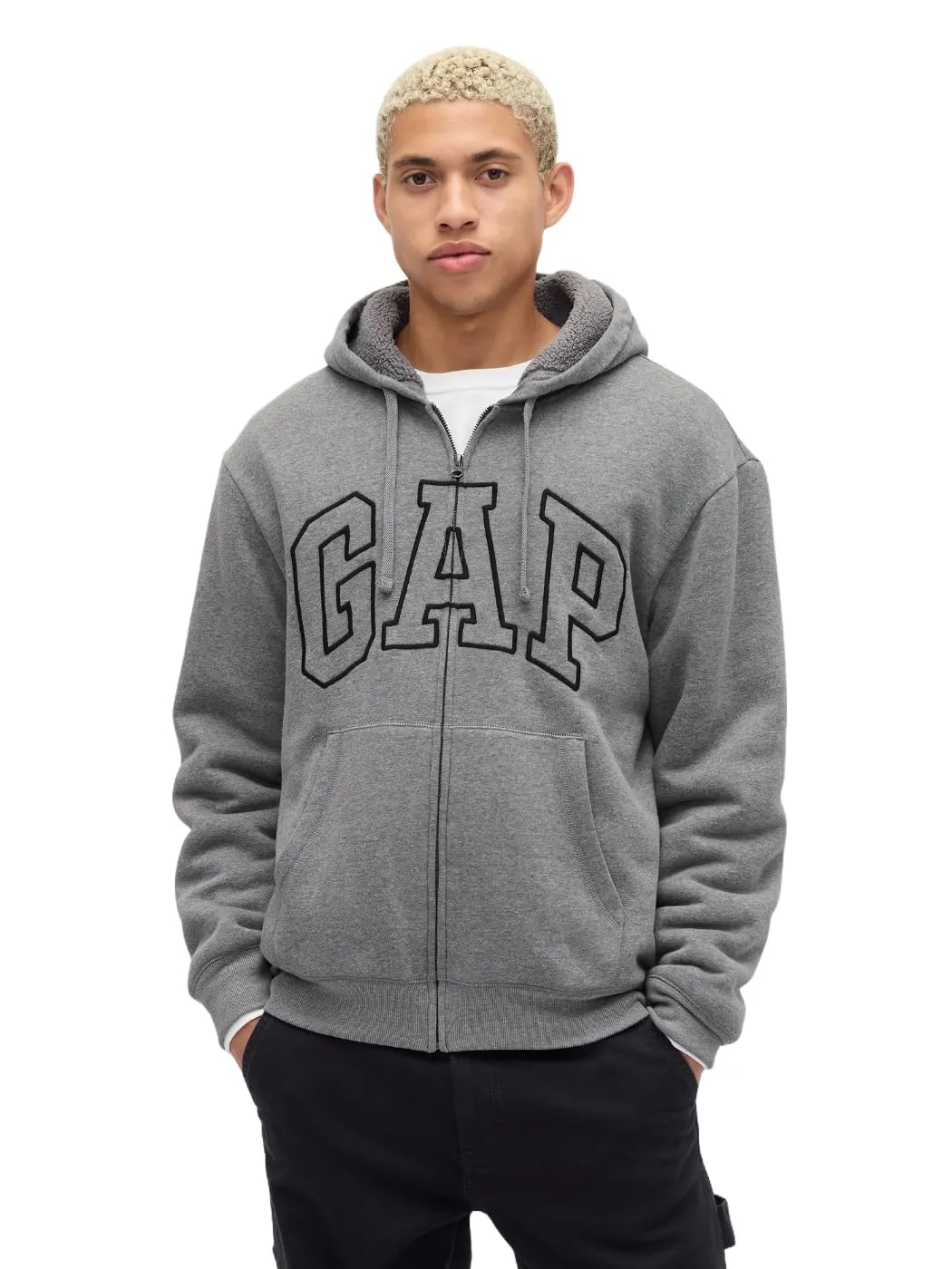 GAP Mens Logo Sherpa Full Zip Sweatshirt Heather Grey XXL
