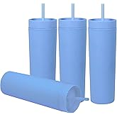 Ezhydrate SKINNY TUMBLERS 4 Pack - Matte Pastel Colored Acrylic Tumbler with Lid and Straw- Perfect for Home, Parties, Travel |16oz Double Wall Reusable Plastic Tumbler w Straw Cleaner INCLUDED,BLUE