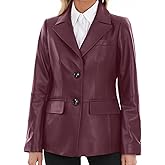 SILVER FASHIONS Lambskin Leather Jacket Women,Long Sleeve Button Front Leather Blazer,Notched Lapel Casual Style,Vent Detail