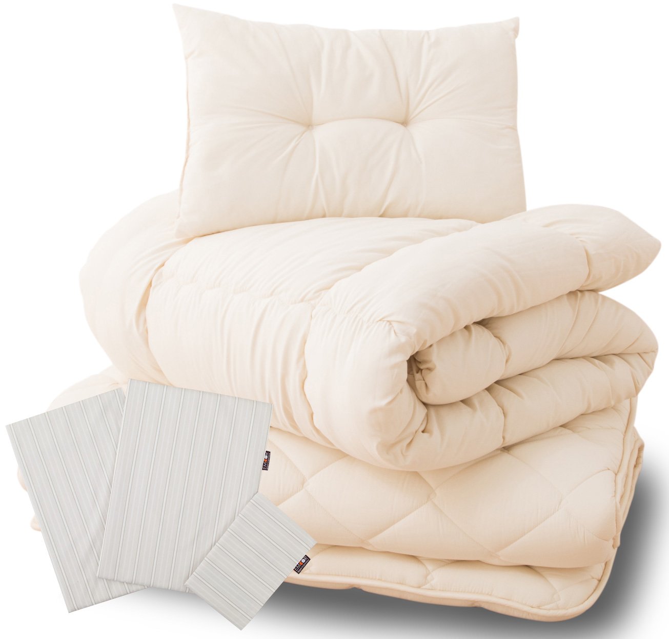 EMOOR - Made in Japan Japanese Futon Set CLASSE ZERO Single Size, 6 Pieces Set Anti Bed Mite Version (Set of Comforter, Mattress Futon, Pillow and 3 Beige Anti Bed Mite covers) (japan import)