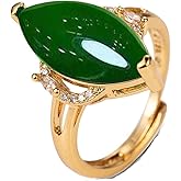 LZJ 24K Yellow Gold Plated Antiqued Olive shape Genuine Green Jade Open ring women