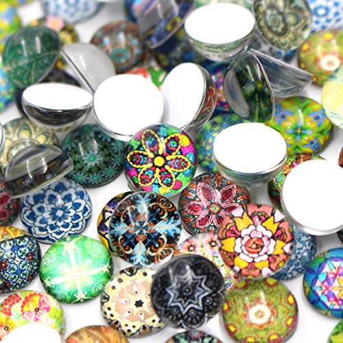 KisSealed 200 Pieces 12mm Mixed Color Flower Pattern Mosaic Printed Glass Half Round/Dome Cabochons forJewelry Making - Thumbnail 3