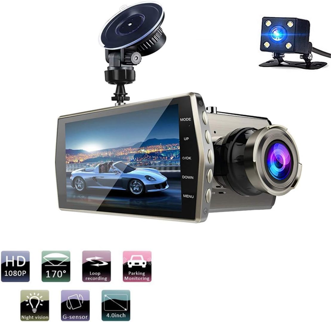 DingD Dash Cam Full HD 1080P 170&deg; DVR Logger Dual Lens Recorder withDual Lens 4" IPS Camera Front and Rear Night Vision Video Recorder G-Sensor Parking Monitor Max Supports 32GB TF