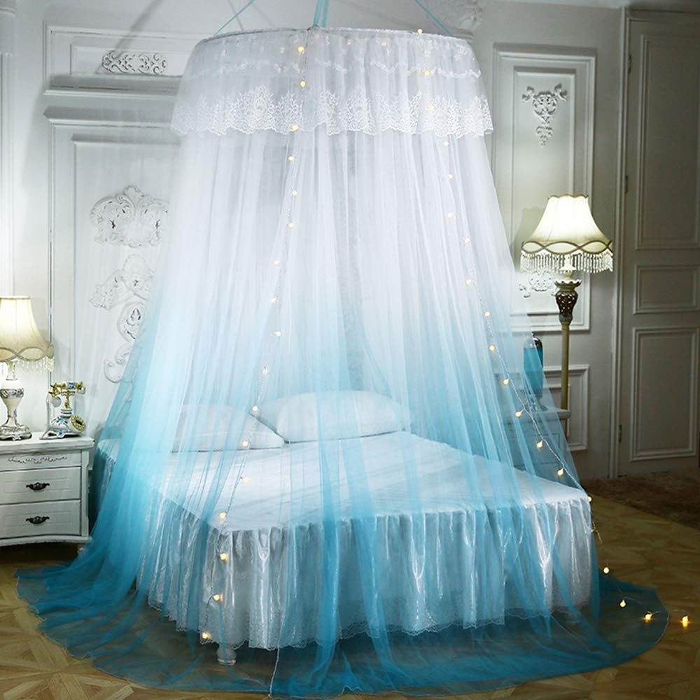 Mengersi Princess Bed Canopy Romantic Round Dome Bed Curtains Mosquito Net for King Queen Full Twin Size Bed(Round Canopy, Blue and White): Home & Kitchen