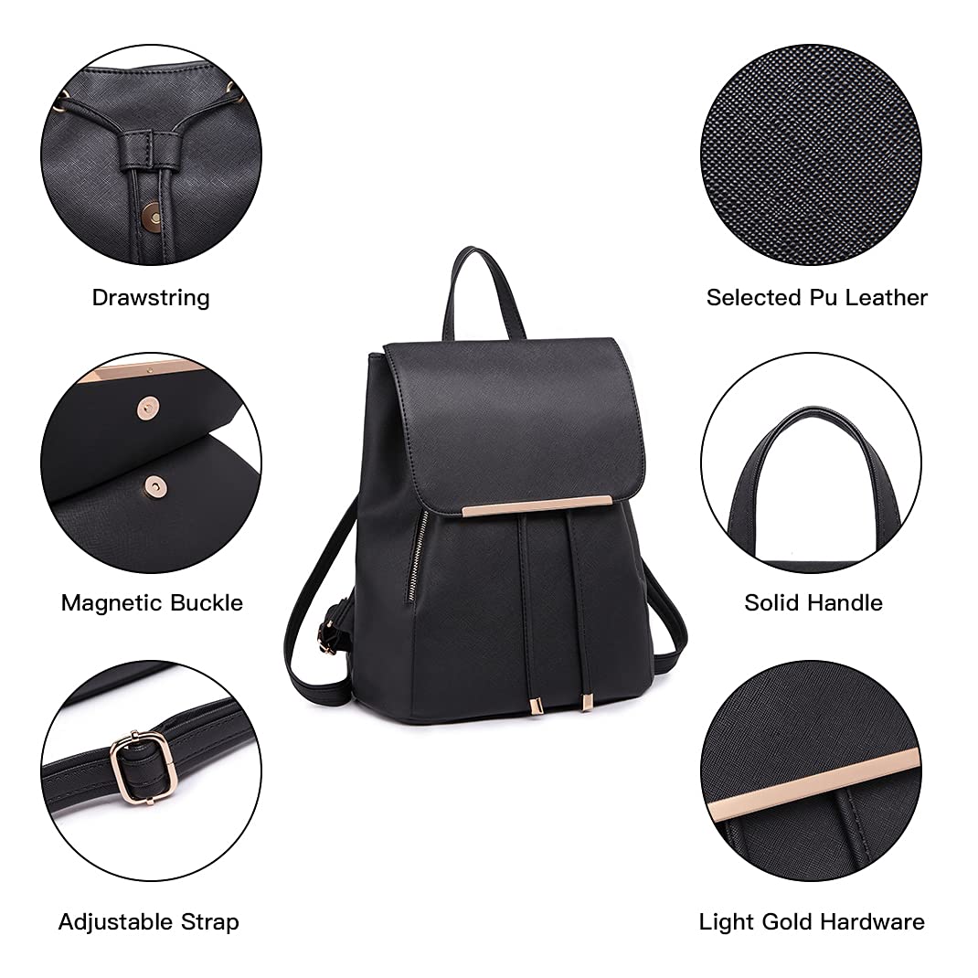 Miss Lulu Backpack Womens Fashion Backpacks Black Backpack Ladies PU Leather Waterproof Daypack Medium School Work Travel